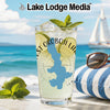 Glass of iced lime beverage with mint on a beach with Lake Okoboji Iowa map.