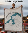 Throw blanket with Little Saint Germain Lake map design, compass, and Wisconsin text.