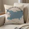 Light beige pillow with blue Manasquan Reservoir map and "New Jersey" text.