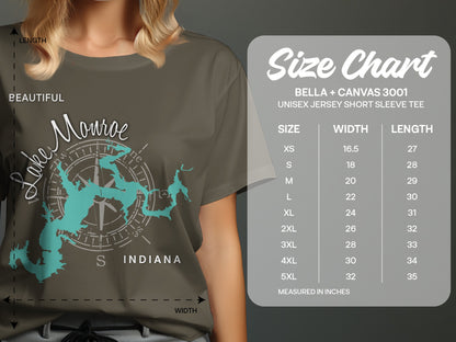 T-shirt with Lake Monroe, Indiana map and size chart.