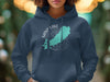 Navy hoodie with Sand Lake Ontario map and compass graphic.