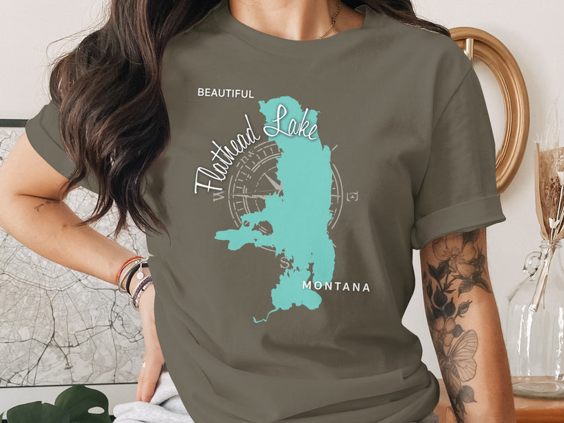 Flathead Lake Montana graphic on a woman's t-shirt.