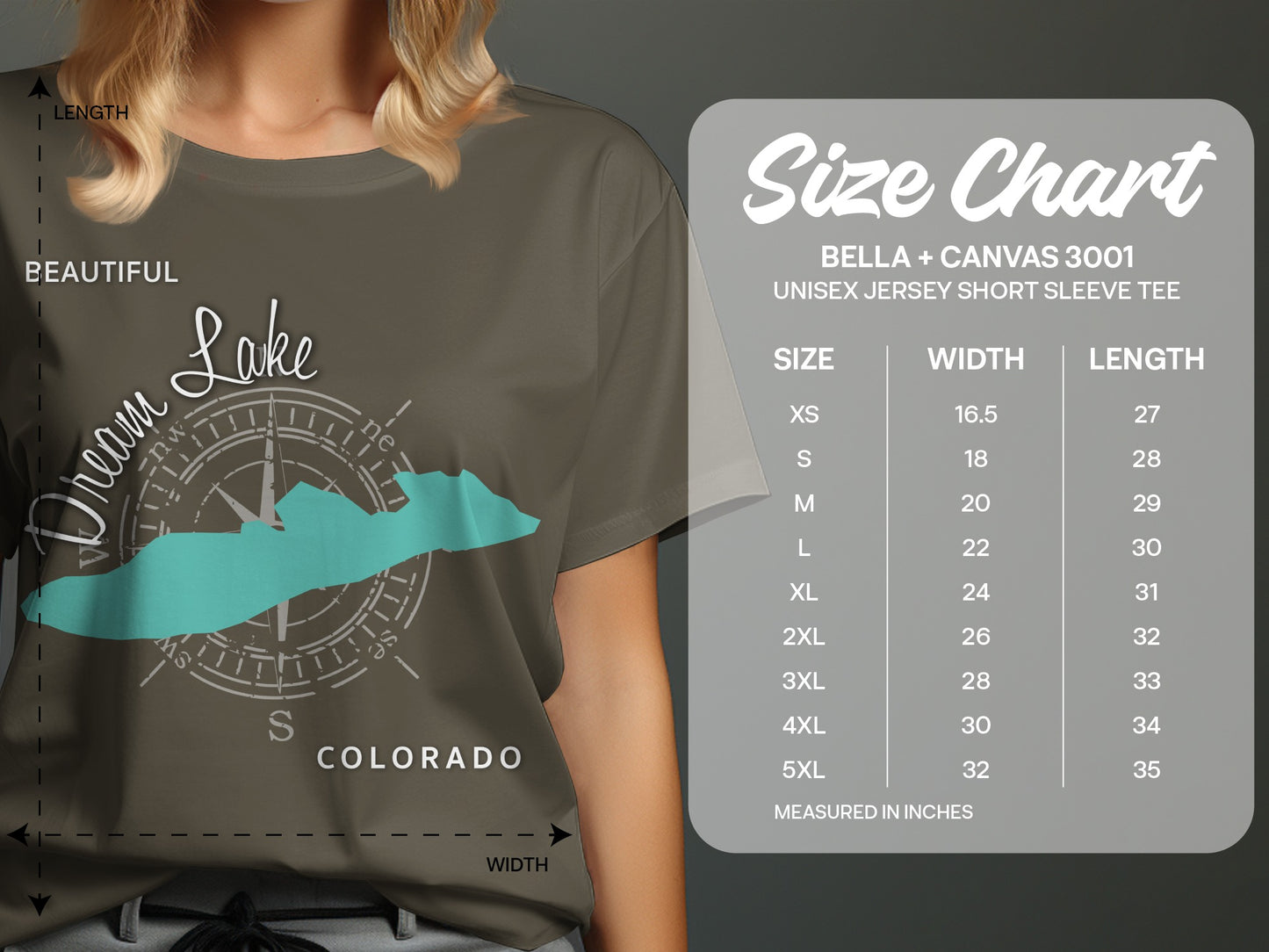T-shirt size chart for Bella + Canvas 3001 unisex short sleeve tee.