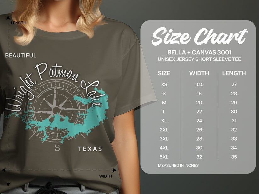 T-shirt with "Wright Patman Lake Texas" compass graphic and size chart.