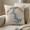 Cushion with Lake Wappapello Missouri map and compass rose design.