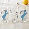 Three clear glasses with blue Lake Onota map graphic and compass rose.