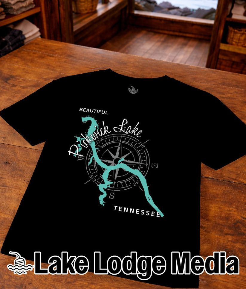 Black t-shirt with a blue compass design and "Pickwick Lake Tennessee" text.