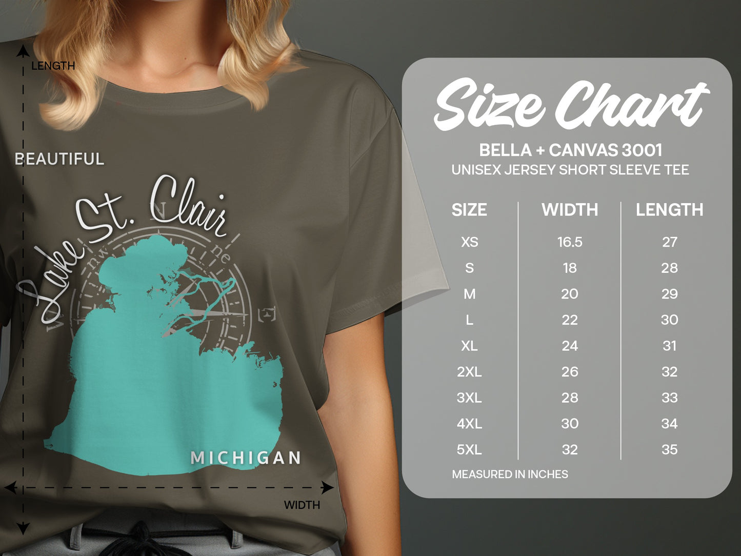 Size chart for Bella + Canvas 3001 t-shirt with Lake St. Clair graphic.