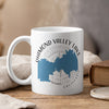 White mug with "Diamond Valley Lake California" text and blue lake outline.