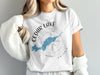 White t-shirt with Cedar Lake, Ontario map and compass design.