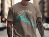 Lake Cachuma California design on a taupe t-shirt with compass and lake shape.