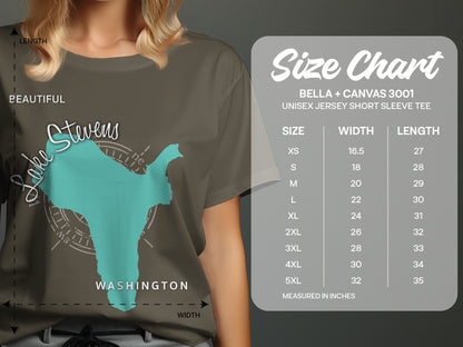 Unisex Bella + Canvas 3001 tee size chart with Lake Stevens map graphic.