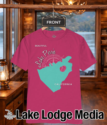 Pink t-shirt with Lake Perris California map and "Lake Lodge Media" text.