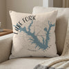 Pillow with a blue Lake Fork, Texas map and compass design.
