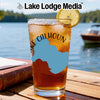 Glass of iced tea with blue lake silhouette and "Lake Calhoun" text.