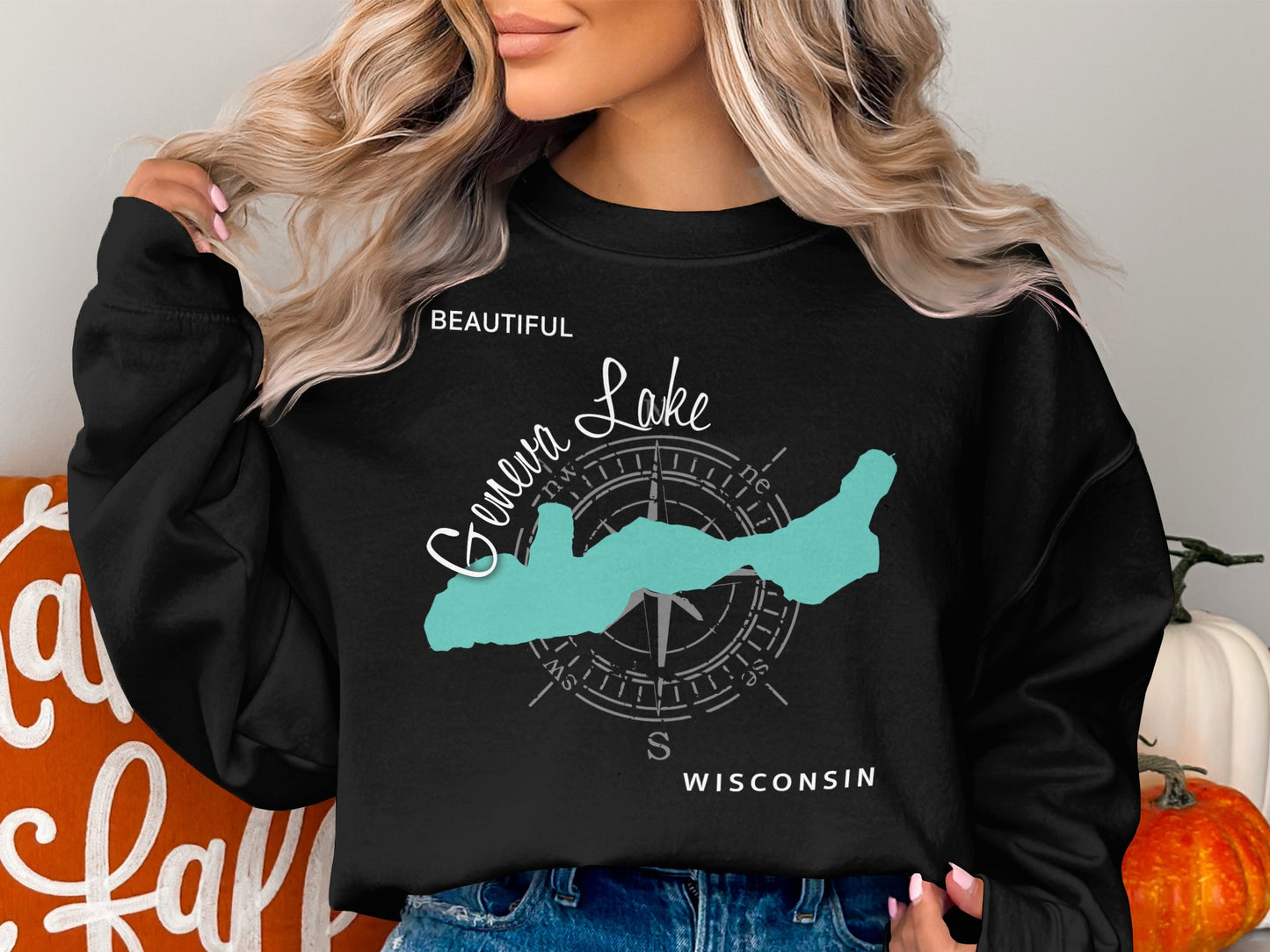 Black sweatshirt with compass and "Beautiful Geneva Lake Wisconsin" map.