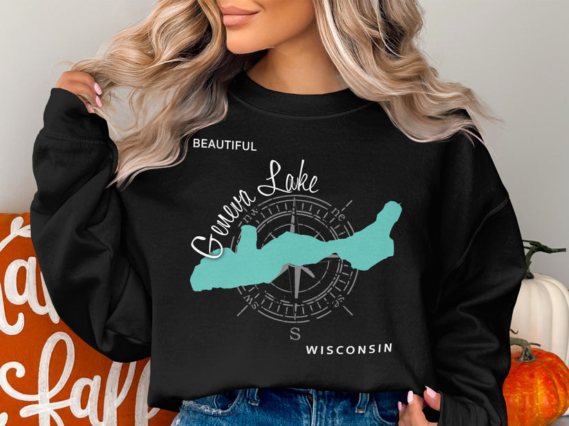 Black sweatshirt with compass and "Beautiful Geneva Lake Wisconsin" map.