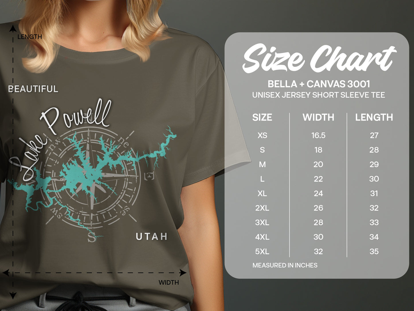 T-shirt size chart for Bella + Canvas 3001, showing unisex sizes, width, and length in inches.