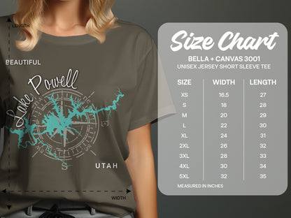 T-shirt size chart for Bella + Canvas 3001, showing unisex sizes, width, and length in inches.
