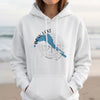 White hoodie with Bow Lake Alberta map and compass graphic on chest.