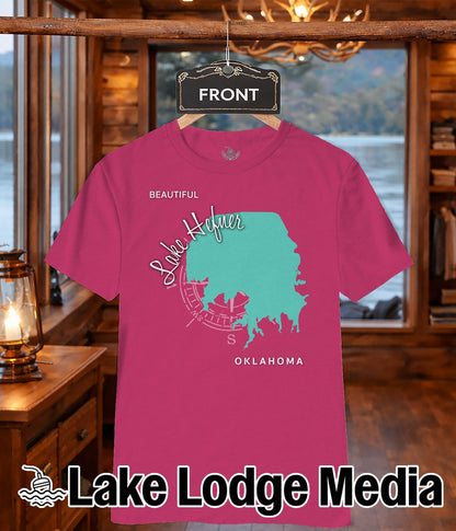 Pink t-shirt with teal Oklahoma lake graphic and "Lake Lodge Media" logo.