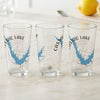 Three clear glasses each feature a blue map of Castaic Lake and a compass rose.