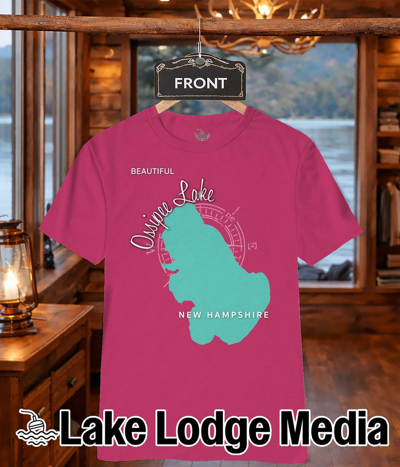 Pink t-shirt with a teal outline map of Ossipee Lake, New Hampshire.