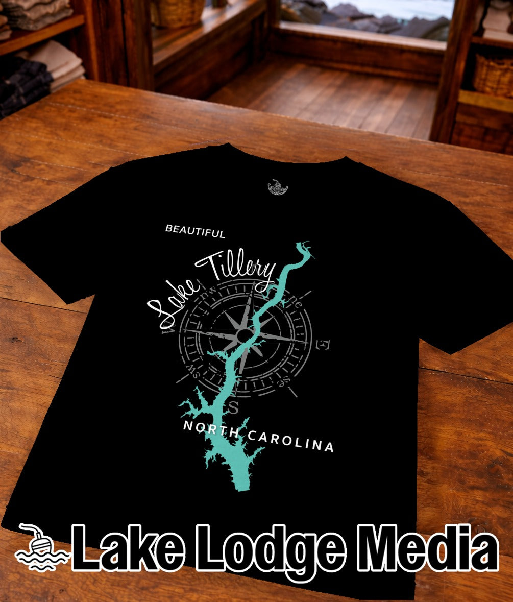 Black t-shirt with a compass graphic and "Lake Tillery North Carolina" text.
