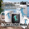 White mug, black tumbler, and white water bottle with Lake Quivira branding.