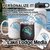 Lake Winnipesaukee branded mug, tumbler, bottle, and card with personalization text.