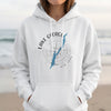 White hoodie with a compass graphic and Lake George New York text.