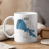 White mug with Clear Lake California map and compass design.