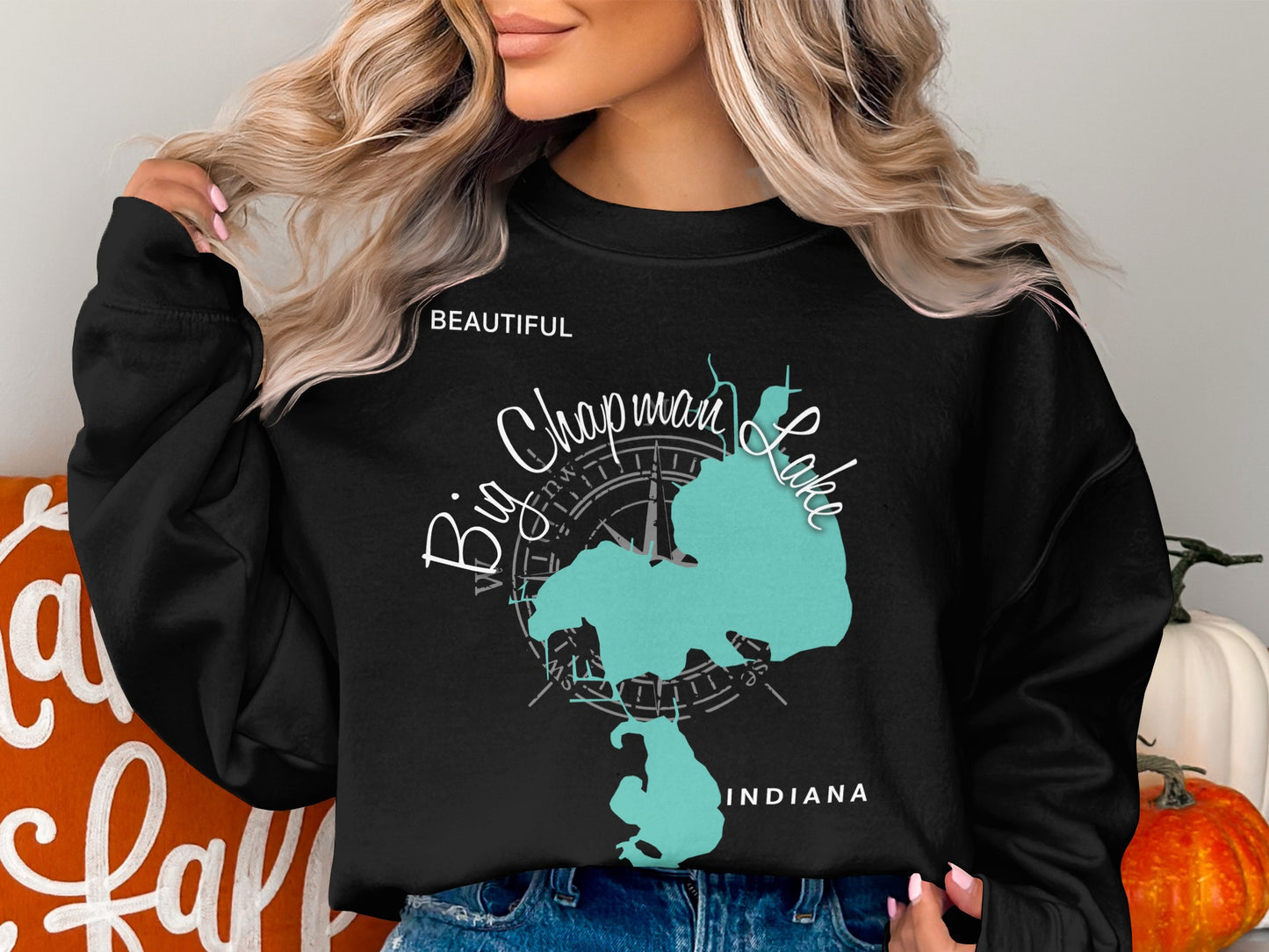 Black sweatshirt with "Big Chapman Lake Indiana" map design.