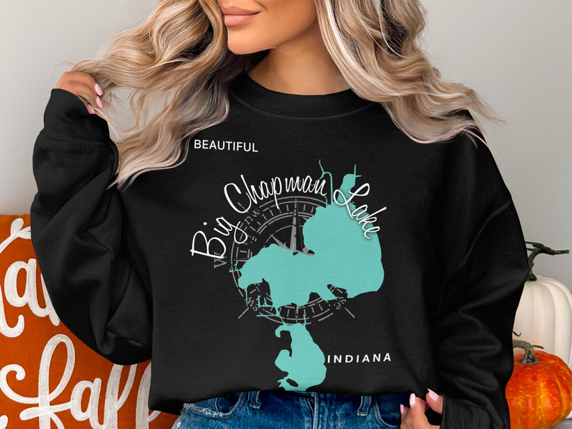 Black sweatshirt with "Big Chapman Lake Indiana" map design.