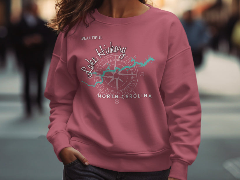 Rose sweatshirt with "Lake Hickory North Carolina" and compass rose graphic.