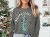 Mōzingo Lake, Missouri compass graphic on a charcoal grey crewneck sweatshirt.