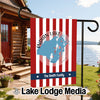 Garden flag with red and white stripes, Indian Lake map, and "The Smith Family."