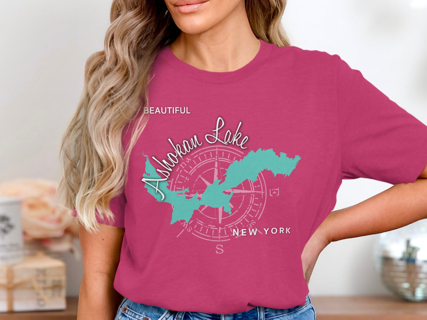 Pink t-shirt featuring a stylized map of Ashokan Lake, New York.