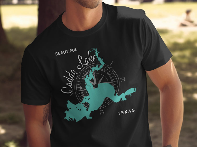 Caddo Lake Texas graphic on a black t-shirt.