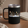 Black mug with festive Christmas scene featuring a tree, fishing gear, bear, and lights.