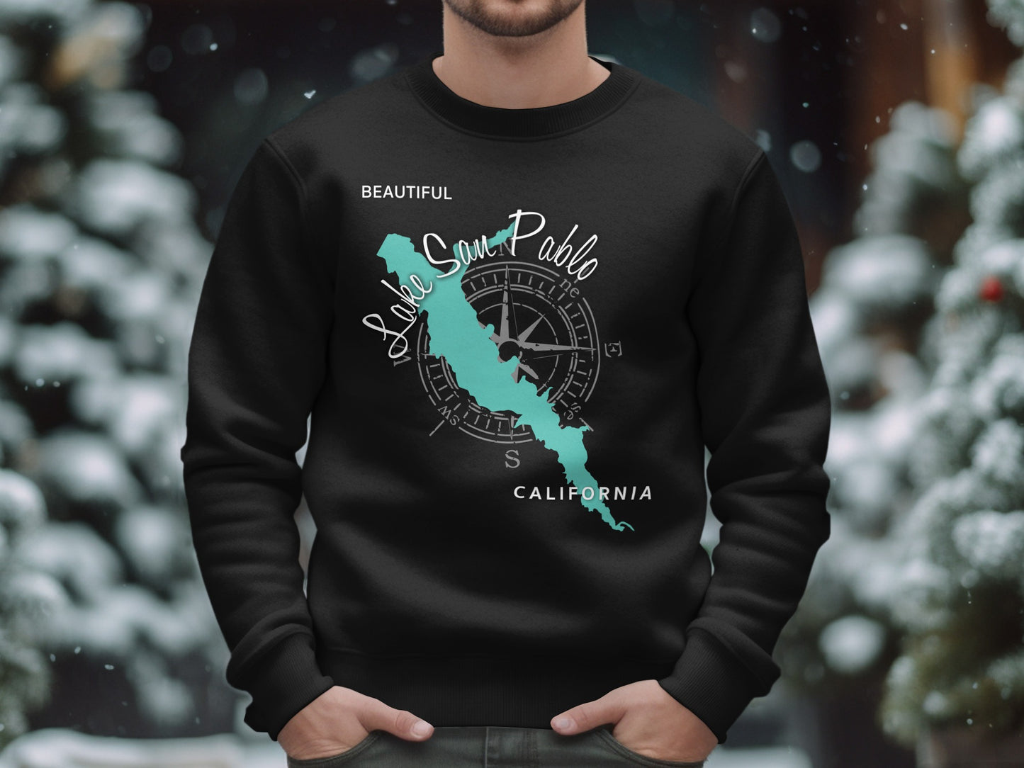 Black sweatshirt with "Beautiful Lake San Pablo California" map graphic.