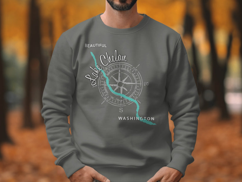 Gray sweatshirt with compass rose and "Lake Chelan Washington" text.