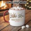 White mug with "Lake Life" graphic, "Woods Canyon Lake Arizona" text.