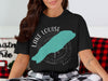 Black t-shirt with Lake Louise map graphic and compass, text "Banff".