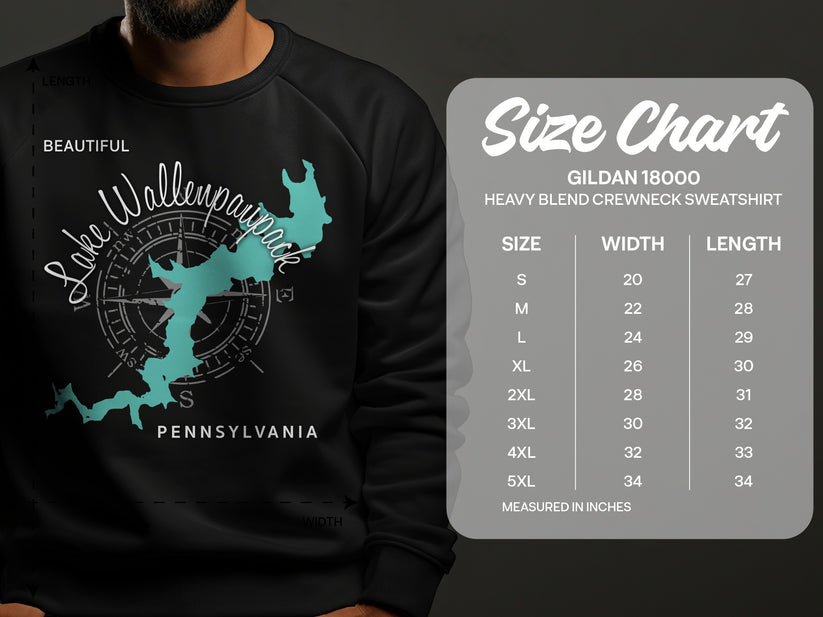 Crewneck sweatshirt with Lake Wallenpaupack Pennsylvania map and size chart.