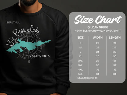 Gildan 18000 sweatshirt size chart with "Beautiful Bear Lake California" graphic.