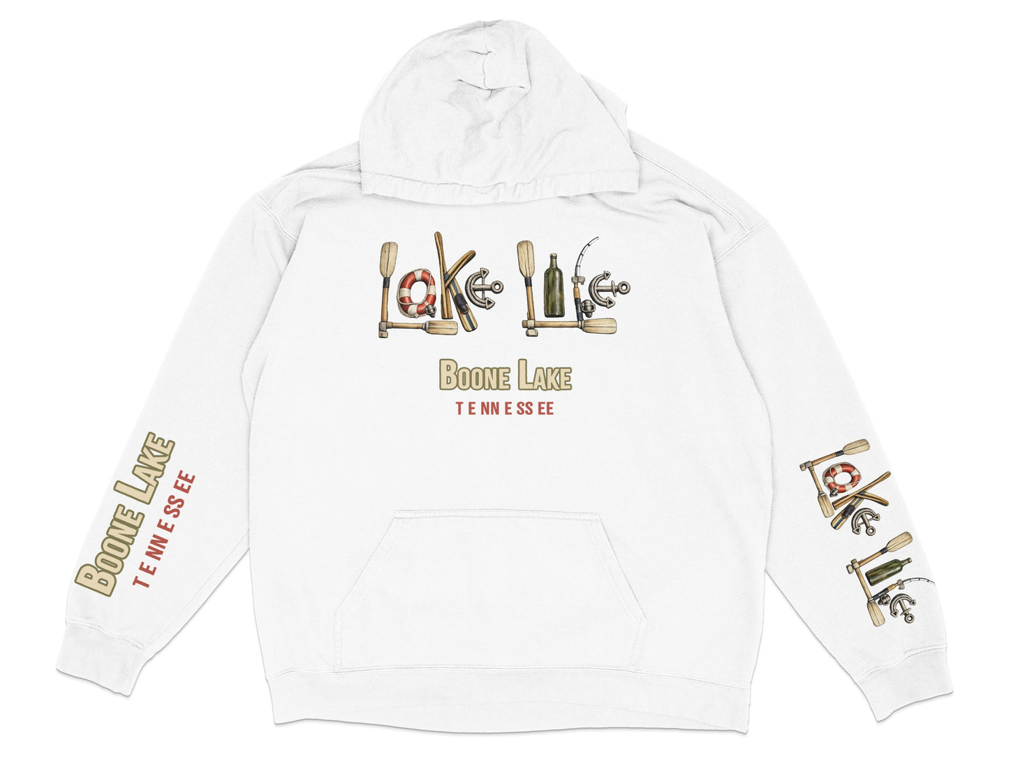 White hoodie with Boone Lake Tennessee graphics and lake-themed icons.