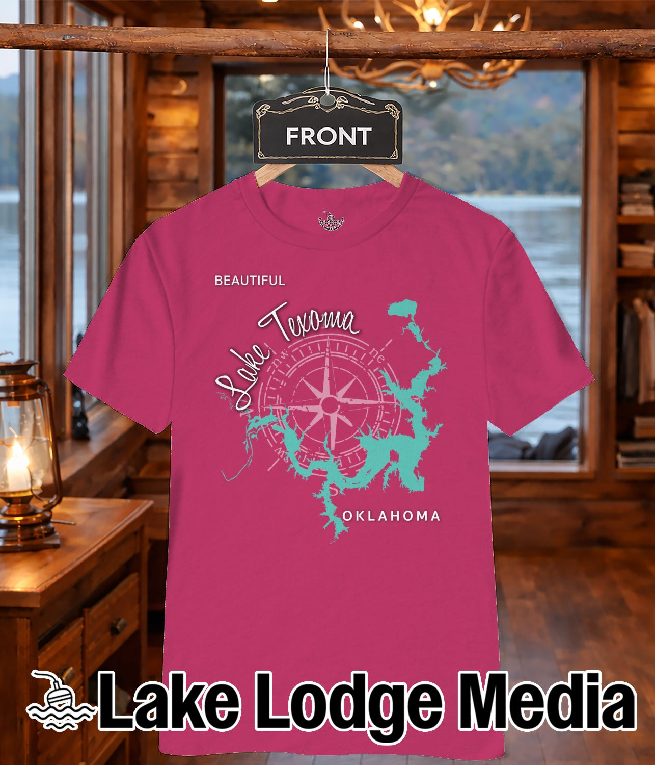 Pink t-shirt with "Lake Texoma" and compass graphic, "Oklahoma" text.