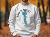 White sweatshirt with Lake Dunmore Vermont map and compass graphic.