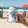 Hand holds white can cooler with Lake Kissimmee Florida map on beach.